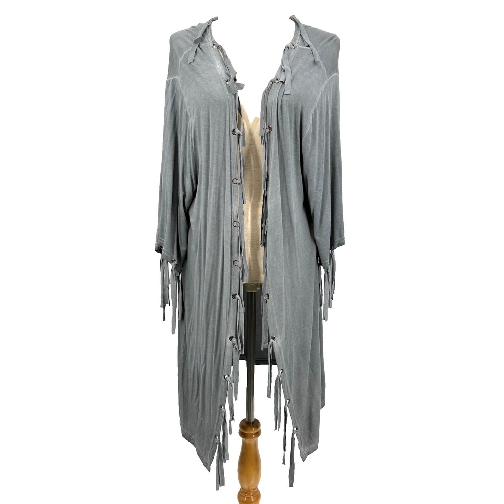 POL Womens Longline Cardigan S‎ Minimalist Lagenlook Modern Tie Fringe Open Gray